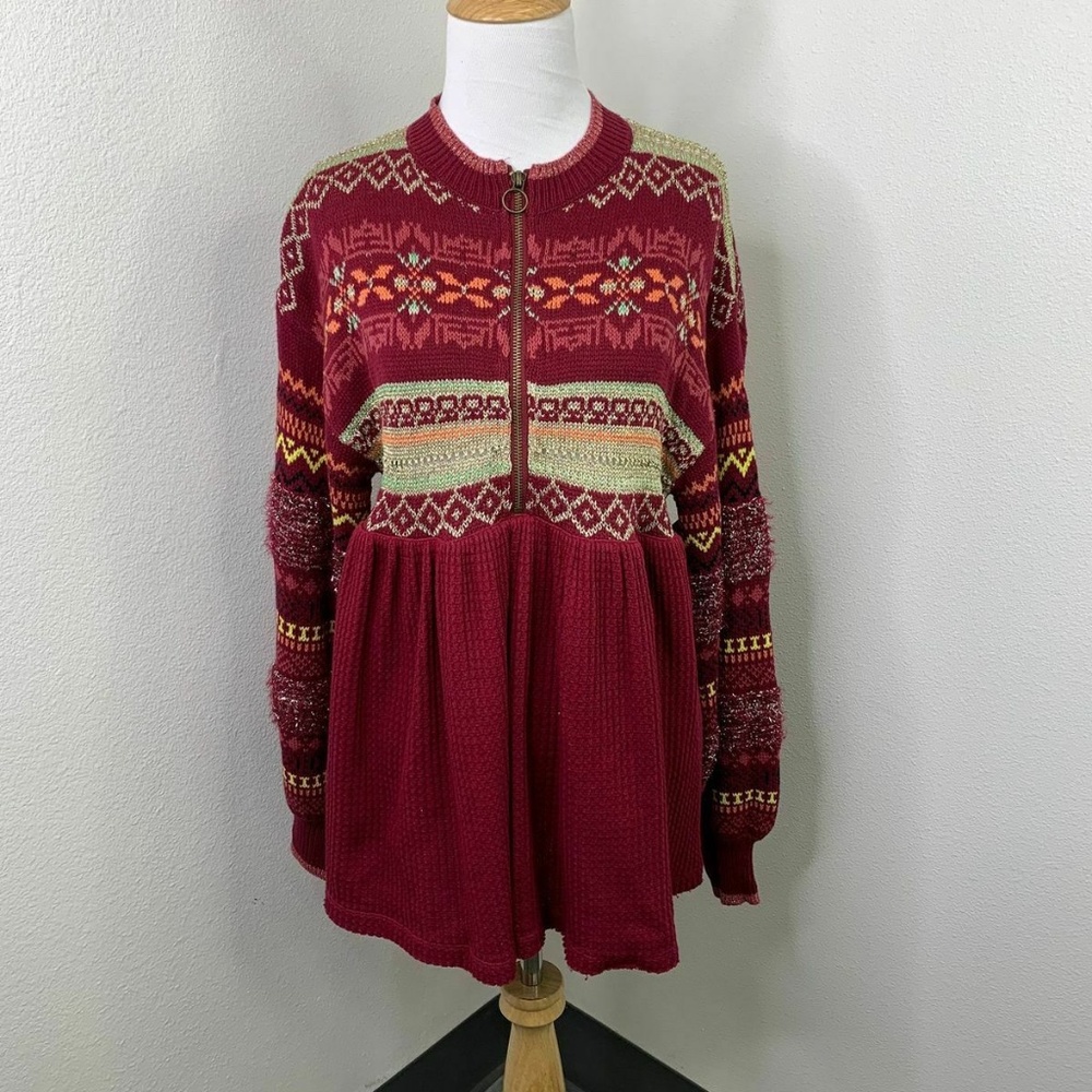NEW Free People Fair Isle Cozy Cottage Sweater M Pullover Tunic Bell Sleeves Top - Picture 10 of 16